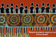 United Aboriginal-style artwork with silhouetted figures above connected colourful motifs.
